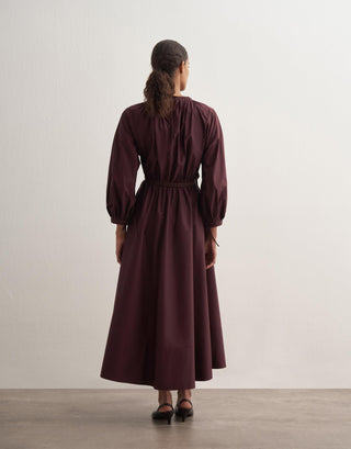 Gathered Waist Cotton Dress – Burgundy