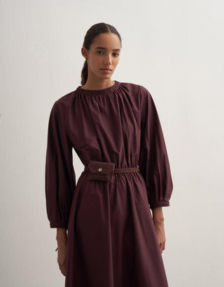 Gathered Waist Cotton Dress – Burgundy