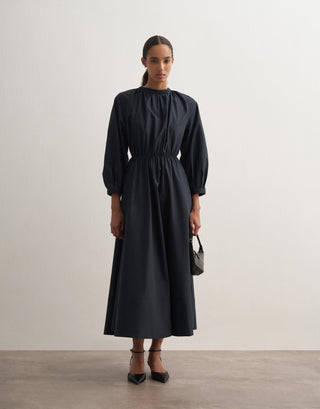 Gathered Waist Cotton Dress – Navy