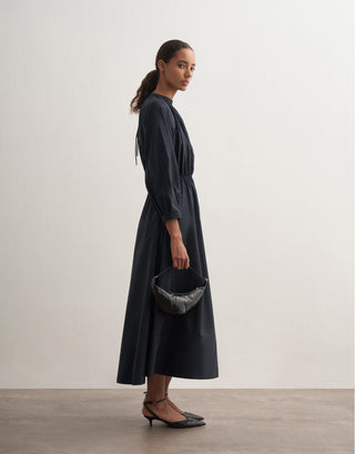 Gathered Waist Cotton Dress – Navy