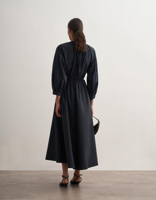 Gathered Waist Cotton Dress – Navy