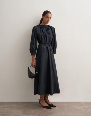 Gathered Waist Cotton Dress – Navy