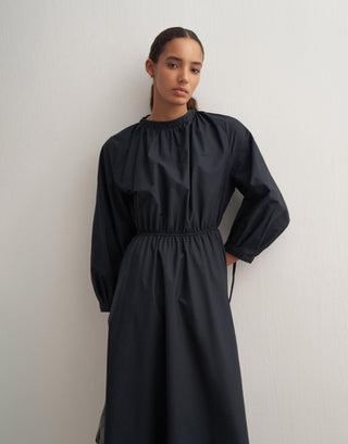 Gathered Waist Cotton Dress – Navy