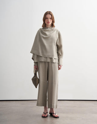 Linen Scarf Detail Shirt – Green Beige