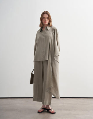 Linen Scarf Detail Shirt – Green Beige