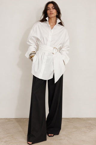 White Oversized Belt-Detail Shirt