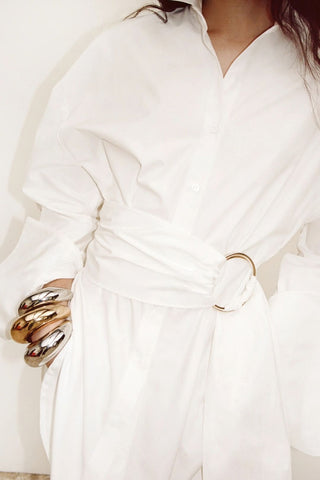 White Oversized Belt-Detail Shirt