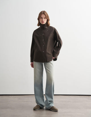 High-Neck Snap Button Shirt Jacket – Khaki