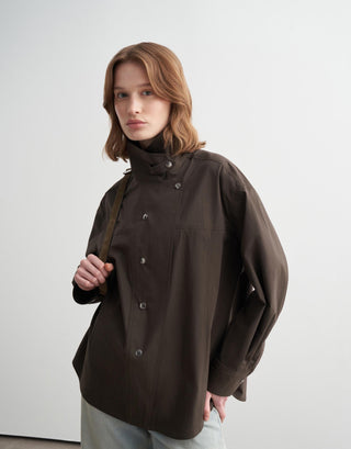 High-Neck Snap Button Shirt Jacket – Khaki