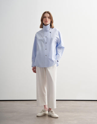 High-Neck Snap Button Shirt Jacket – Blue