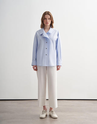 High-Neck Snap Button Shirt Jacket – Blue