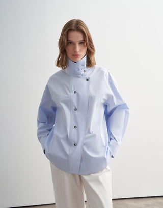 High-Neck Snap Button Shirt Jacket – Blue