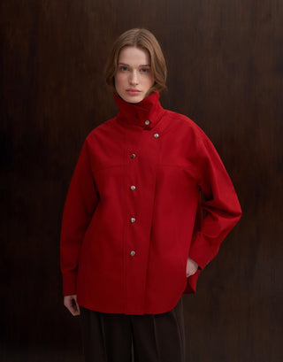 High-Neck Snap Button Shirt Jacket – Red