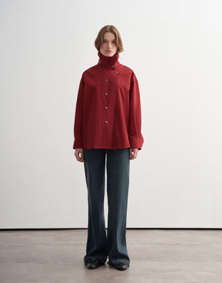 High-Neck Snap Button Shirt Jacket – Red