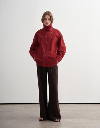 High-Neck Snap Button Shirt Jacket – Red