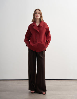 High-Neck Snap Button Shirt Jacket – Red