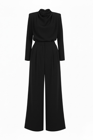 AMANDA Black Pleated Blouse & Trousers Set