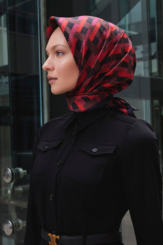 Leather Weave Print Twill Silk Scarf -Burgundy