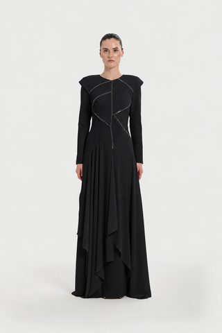 Pleated Evening Dress with Asymmetric Stone Embellishment - Black