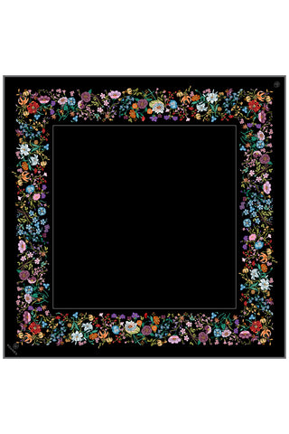 Floral Border Print Twill Silk Scarf - Black