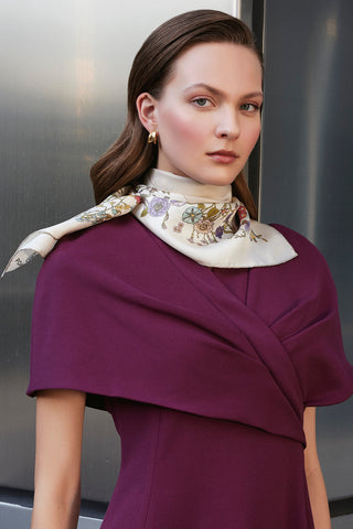 Floral Border Print Twill Silk Scarf - Cream