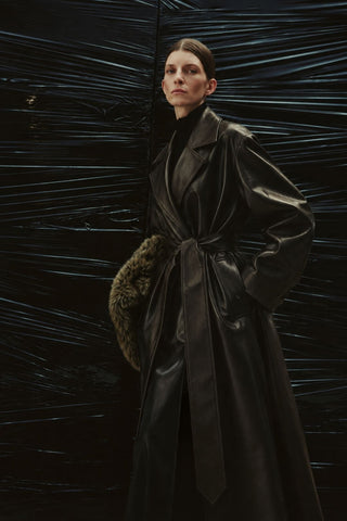 ROSY Black Faux-Leather Midi Trench Coat