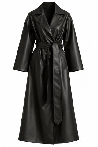 ROSY Black Faux-Leather Midi Trench Coat
