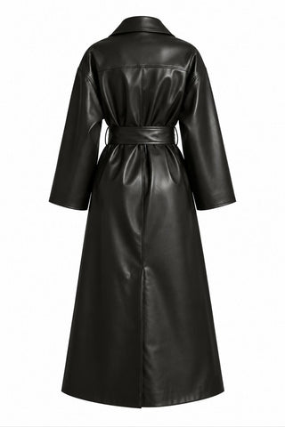 ROSY Black Faux-Leather Midi Trench Coat