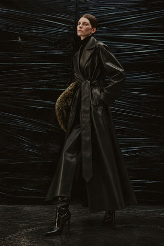 ROSY Black Faux-Leather Midi Trench Coat