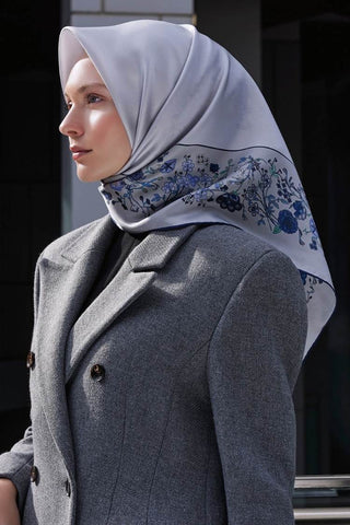 Floral Border Print Twill Silk Scarf - Gray