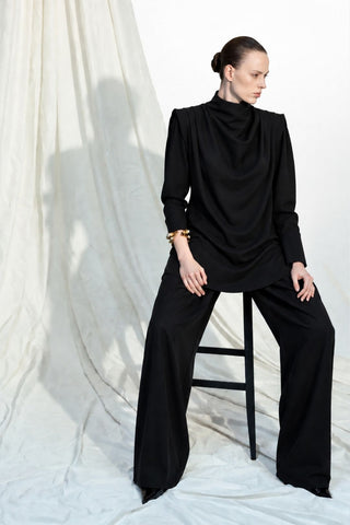 AMANDA Black Pleated Blouse & Trousers Set