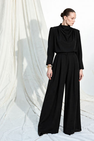 AMANDA Black Pleated Blouse & Trousers Set