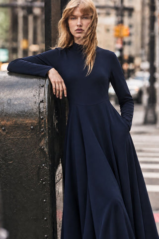 Navy Mandarin-Collar A-Line Maxi Dress