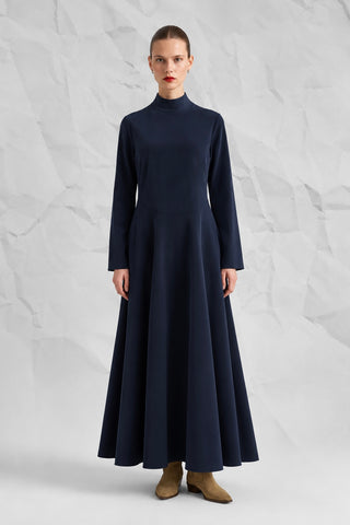 Navy Mandarin-Collar A-Line Maxi Dress
