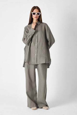 Pure Linen 100% Linen Oversize Shirt - Khaki