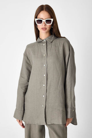 Pure Linen 100% Linen Oversize Shirt - Khaki