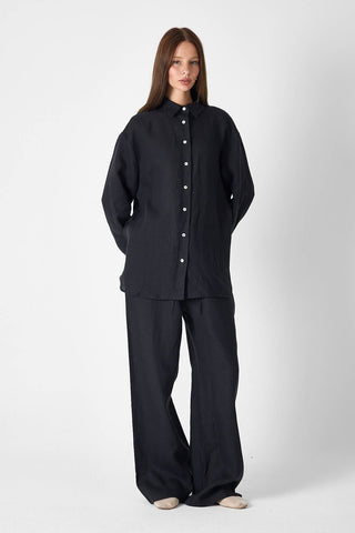 Pure Linen 100% Linen Oversize Shirt - Black
