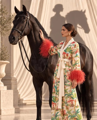 COCO' kimono in seta e piume