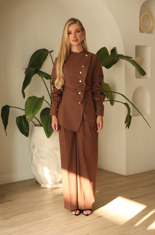 Terracotta – Linen Wrap Top & Wide-Leg Trousers Set | Modest Luxury