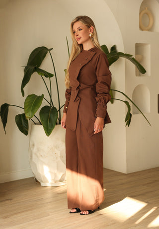 Terracotta – Linen Wrap Top & Wide-Leg Trousers Set | Modest Luxury