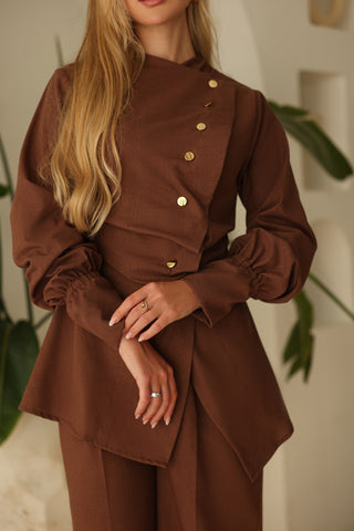 Terracotta – Linen Wrap Top & Wide-Leg Trousers Set | Modest Luxury