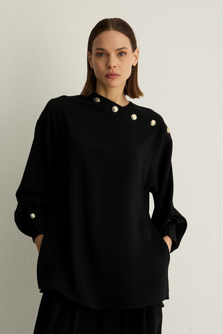 Oriana Button Detail Blouse – Black