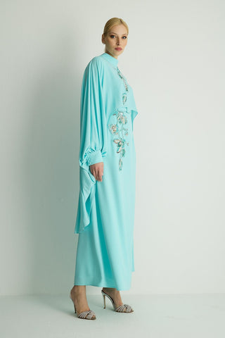 Petunia Embellished Cape Dress – Aqua