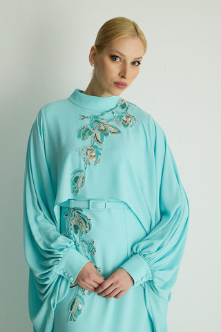 Petunia Embellished Cape Dress – Aqua