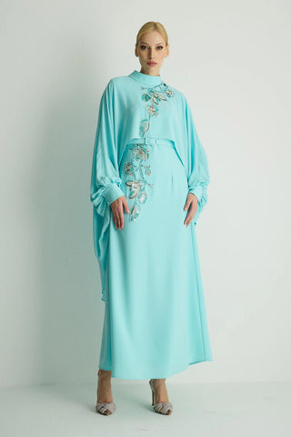 Petunia Embellished Cape Dress – Aqua