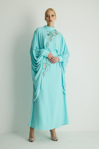 Petunia Embellished Cape Dress – Aqua