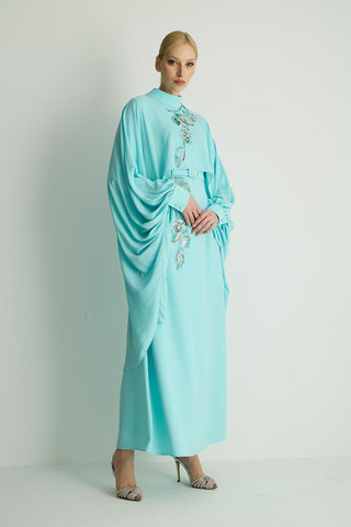 Petunia Embellished Cape Dress – Aqua