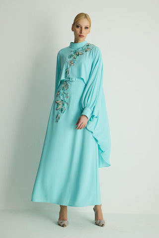 Petunia Embellished Cape Dress – Aqua