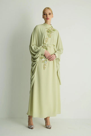 Petunia Embellished Cape Dress – Pastel Green