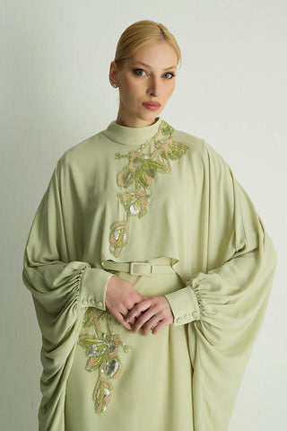 Petunia Embellished Cape Dress – Pastel Green